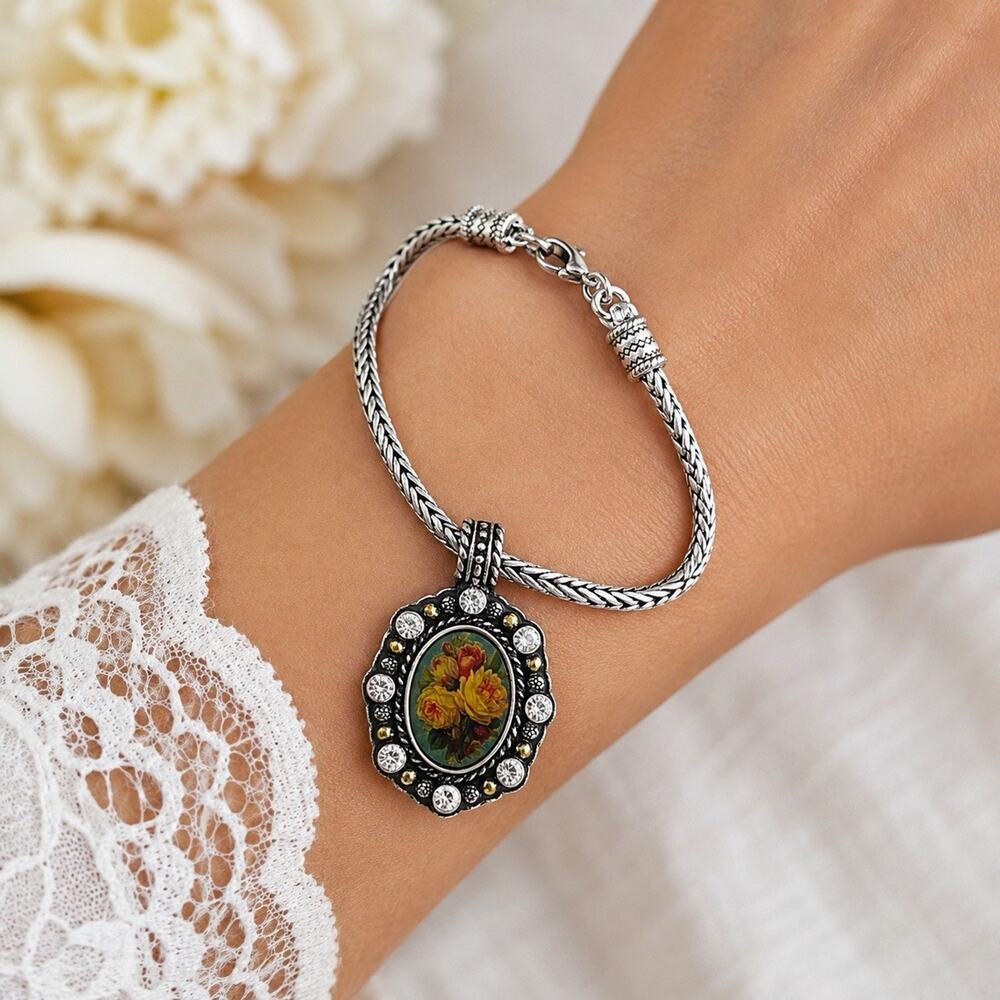 NEW Brighton Bracelet Victorian Inspired 7.5" Silver Tone Cameo Pendant Flowers